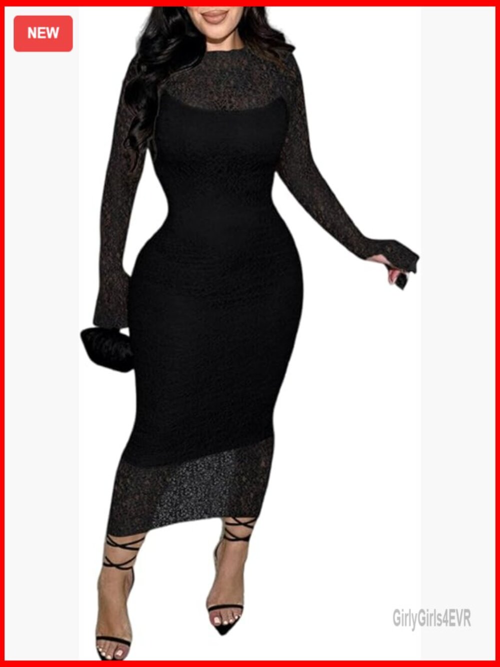 Sexy Long Sleeve Bodycon Midi 2 Piece Lace Dress Set For Party Date Night